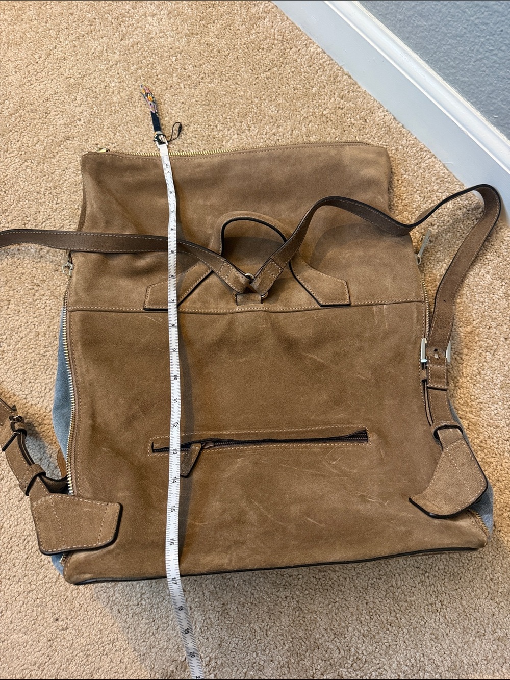 Lipault Paris Suede Fold-Over Backpack Bag in Brown and Blue - Picture 12 of 16